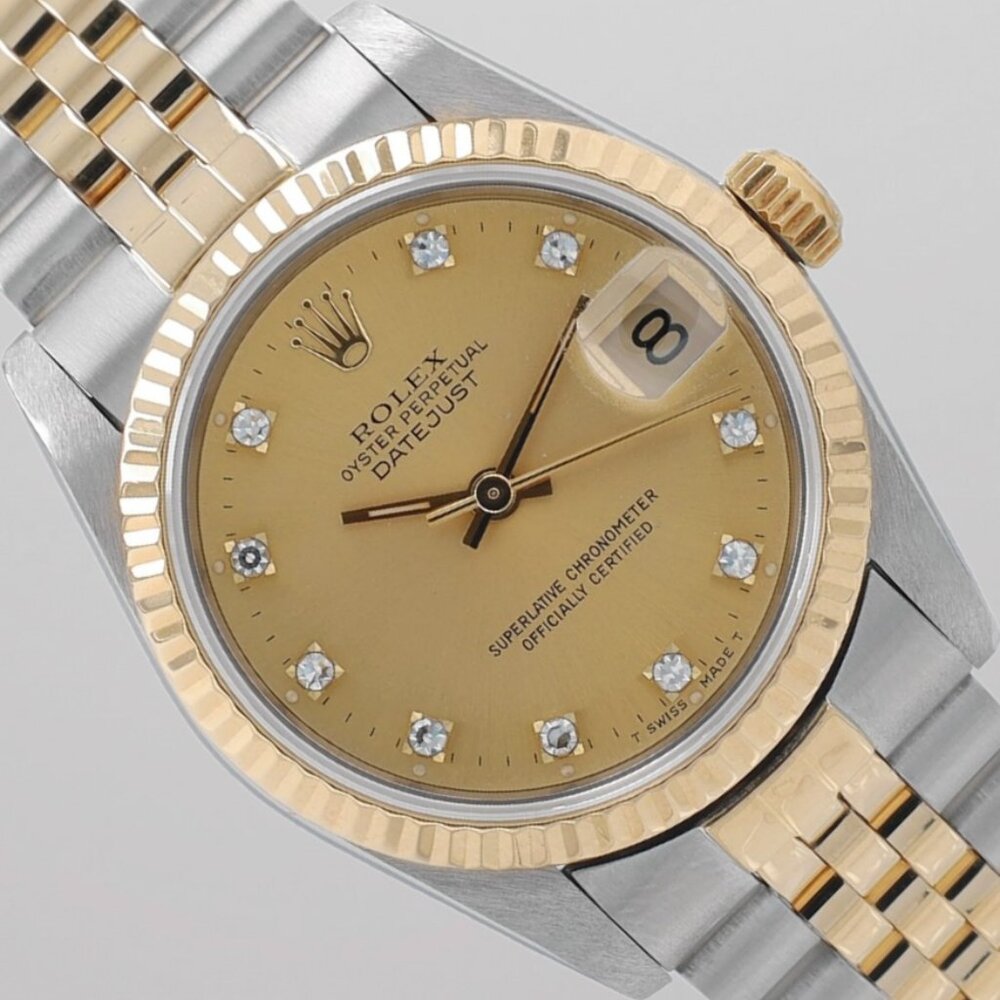 Rolex Midsize Datejust 31mm Two Tone Champagne Diamond Dial Fluted Jubilee 68273